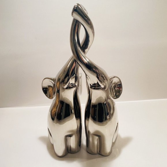 Silver Elephant Figures with Intertwined Trunks, Ceramic Set of 2, Chrome Decor - Picture 10 of 16